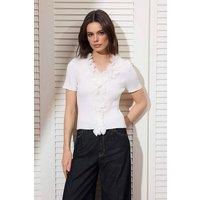 WOVCOR Women's Ribbed Frill Detail Short Sleeve Fitted V-Neck Top in Ecru | Size: Small