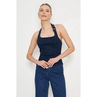 WOVCOR Women's Sleeveless Denim Halter Top with Buckle Strap Detail in Dark Navy | Size: Medium