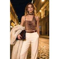 WOVCOR Women's Printed Cowl Neck Strappy Bodysuit with Scarf Detail | Size: 6