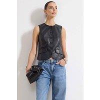 WOVCOR Women's Sleeveless Faux Leather Vest with Button Pocket Detail in Black | Size: 8