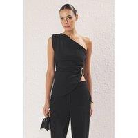 WOVCOR Women's One Shoulder Buckle Detail Asymmetric Fitted Top in Black | Size: 6