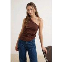 WOVCOR Women's One Shoulder Buckle Detail Asymmetric Fitted Top in Brown | Size: 6