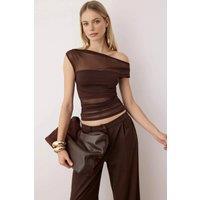 WOVCOR Women's Sheer Bardot Ruched Slim Fit Stretch Mesh Party Top in Dark Brown | Size: 12