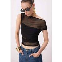 WOVCOR Women's Sheer Bardot Ruched Slim Fit Stretch Mesh Party Top in Black | Size: 6