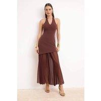 WOVCOR Women's V Neck Halter Maxi Dress with Sheer Tulle Skirt in Dark Brown | Size: 6