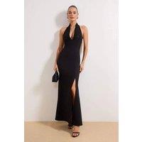 WOVCOR Women's Glitter Halter Neck Maxi Dress with Side Split Detail in Black | Size: 8