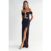 WOVCOR Women's Metal Detail Cut Out Bardot Maxi Evening Dress in Navy | Size: 10
