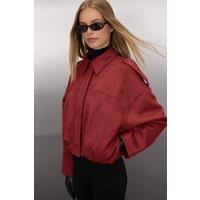 WOVCOR Women's Oversized Collared Utility Jacket with Shoulder Detail in Burgundy | Size: XL