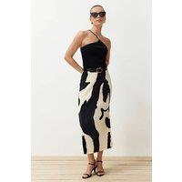 WOVCOR Women's Abstract Print Ribbed Knit Midi Skirt with Belt Detail | Size: Small