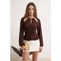 WOVCOR Women's Cut Out Ruched Long Sleeve Peplum Stretch Top in Dark Brown | Size: 8