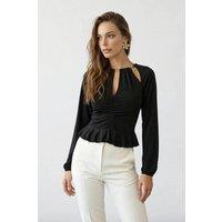 WOVCOR Women's Cut Out Ruched Long Sleeve Peplum Stretch Top in Black | Size: 8