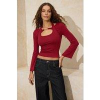 WOVCOR Women's Hardware Detail Cut Out Long Sleeve Slim Fit Top in Red | Size: XS