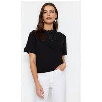 WOVCOR Women's Lace Detail High Neck Short Sleeve Stretch Top in Black | Size: Medium