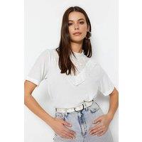 WOVCOR Women's Lace Detail High Neck Short Sleeve Stretch Top in White | Size: Small