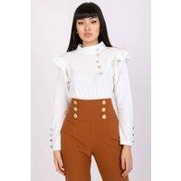 Love Lace Women's Velour Straight Cut Blouse With Shoulder Frills in White