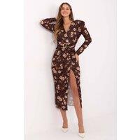 Love Lace Women's Floral Wrap Pencil Midi Dress in Brown