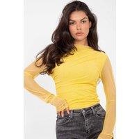 Love Lace Women's Elegant Draped Fitted Blouse with Mesh Sleeves in Yellow