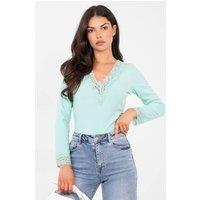 Love Lace Women's Fitted Lace Trim V Neck Long Sleeve Blouse in Green