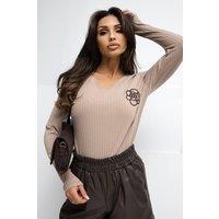 Love Lace Women's Embroidered Flower Cotton Elastane V Neck Blouse in Beige | Size: S/M