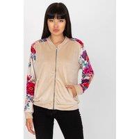 Love Lace Women's Velour Flower Bomber Jacket with Zipper Pockets in Beige | Size: S/M