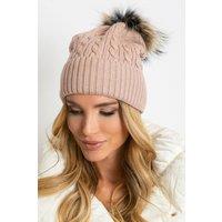 Love Lace Women's Wide Cuff Fluffy Pompom Winter Knit Hat for Cold Weather Style in Dusty Pink