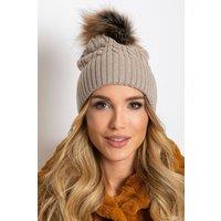 Love Lace Women's Winter Wide Cuff Knit Beanie Hat With Soft Fluffy Pom Pom Lined in Beige