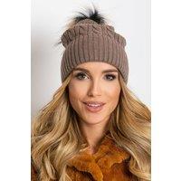 Love Lace Women's Winter Cable Knit Beanie Hat with Wide Cuff & Fluffy Pom Pom in Brown
