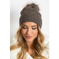 Love Lace Women's Winter Hat Wide Cuff with Fluffy Pompom Soft Knit Beanie Cap in Brown
