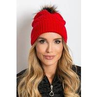 Love Lace Women's Winter Knit Beanie Hat with Wide Cuff & Fluffy Pom Pom Topper in Red