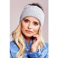 Love Lace Women's Winter Knit Beanie Hat with Wide Ribbed Cuff & Fluffy Pompom in Grey