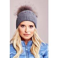 Love Lace Women's Winter Hat Wide Cuff With Fluffy Pompom Brim Warm Cap Soft Knit in Grey