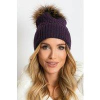 Love Lace Women's Winter Hat Wide Cuff Fluffy PomPom Fleece Warm Ribbed Knit Beanie in Violet