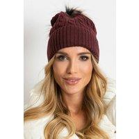 Love Lace Women's Winter Hat With Wide Cuff & Fluffy Pom Pom Knit Beanie Warm in Burgundy