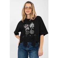 Love Lace Women's Daily Cotton Blouse with Lace Hem Print in Black
