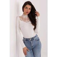 Love Lace Women's Fitted Lace Insert Low Turtleneck Blouse Style 221698 in White