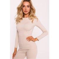 Love Lace Women's Ribbed Cotton Long Sleeve Corset Blouse in Beige | Size: Small