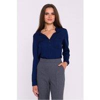 Love Lace Women's Satin Stand Collar Blouse with Chest Pocket in Blue | Size: 2XL