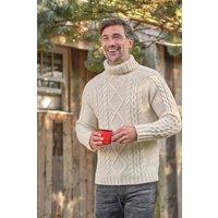 WoolOvers Men's Pure Wool Aran Polo Neck Jumper in Cream | Size: Medium