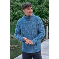 WoolOvers Men's Pure Wool Aran Polo Neck Jumper in Light Blue | Size: XL
