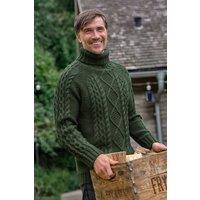 WoolOvers Men's Pure Wool Aran Polo Neck Jumper in Green | Size: Medium