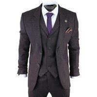 Infinity Leather Men's 3 Piece Tweed Herringbone Suit Peaky Blinders Classic Tailored in Plum | Size: 44R