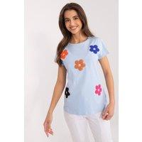 Love Lace Women's Cotton Floral Blouse with Zircon Details in Blue | Size: Large/XL