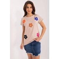 Love Lace Women's Cotton Floral Rhinestone Short Sleeve Blouse in Beige | Size: Large/XL