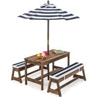 Costway 4 PCS Wooden Kids Picnic Table Bench Children Outdoor Activity Desk W/ Umbrella in Blue