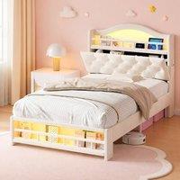 Merax 3ft Single Upholstered Bed Frame with LED, Charging Station in Beige