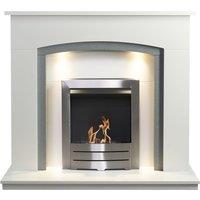 Adam Fires & Fireplaces Adam Savanna Fireplace in Pure White & Grey with Downlights & Colorado Bio Ethanol Fire in Brushed Steel, 48 Inch