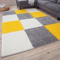 THE RUGS Soft Check High Pile Shaggy Rugs & Runners Living Room Bedroom 381 in Yellow | Size: 120 cm x 170 cm