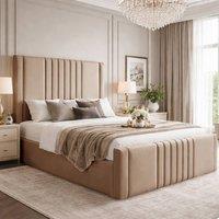 Desire Deco Plush Velvet Haisley Ottoman Storage Bed Frame in Beige | Size: Small Double