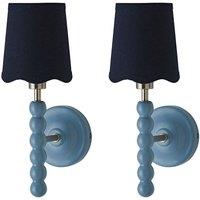 ValueLights Bobbins Pair of Blue Wall Lights & Navy Trim Lamp Shades & Bulbs in Pale Blue