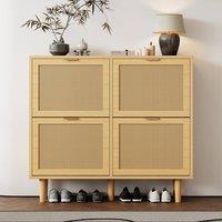 Merax 4 Flip Drawers Rattan Shoe Storage Cabinet with Adjustable Shelves in Light Oak